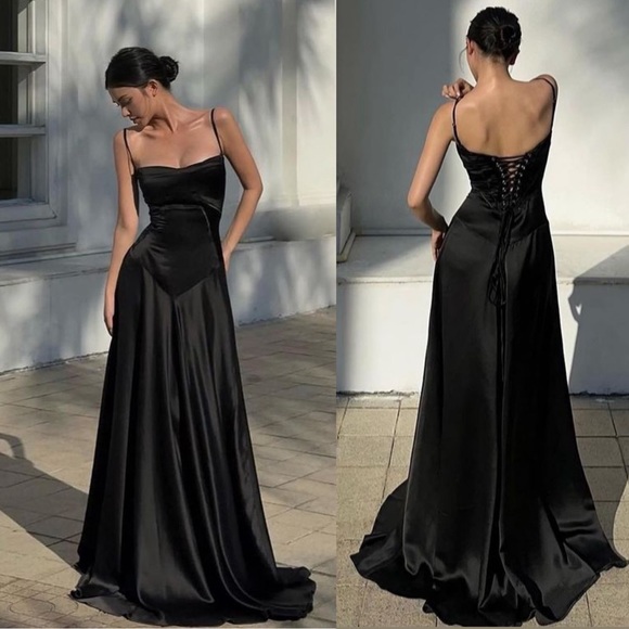 House of CB Dresses & Skirts - House of CB Black Satin Corset-Back Maxi Dress